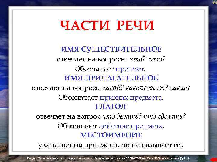 ЧАСТИ РЕЧИ ИМЯ СУЩЕСТВИТЕЛЬНОЕ отвечает на вопросы кто? что? Обозначает предмет. ИМЯ ПРИЛАГАТЕЛЬНОЕ отвечает