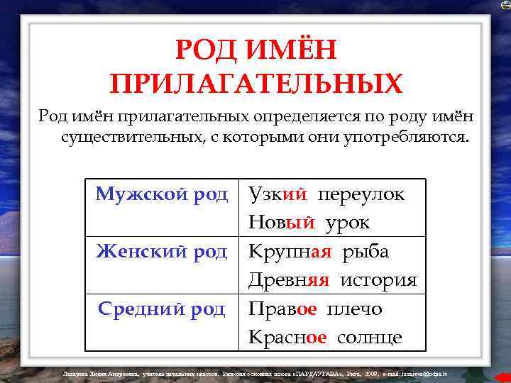 РОД ИМЁН ПРИЛАГАТЕЛЬНЫХ Род имён прилагательных определяется по роду имён существительных, с которыми они