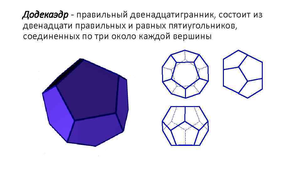 Додекаэдр - правильный двенадцатигранник, состоит из двенадцати правильных и равных пятиугольников, соединенных по три