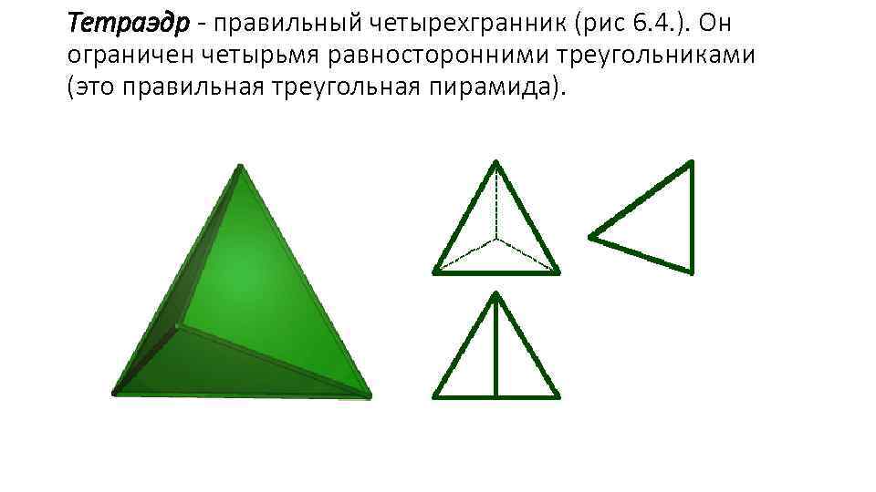 Тетраэдр - правильный четырехгранник (рис 6. 4. ). Он ограничен четырьмя равносторонними треугольниками (это