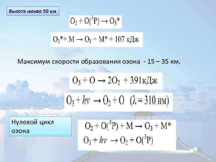 Высота менее 50 км Максимум скорости образования озона - 15 – 35 км. Нулевой
