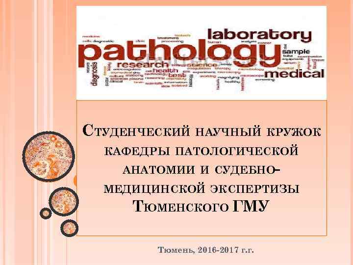 СТУДЕНЧЕСКИЙ НАУЧНЫЙ КРУЖОК КАФЕДРЫ ПАТОЛОГИЧЕСКОЙ АНАТОМИИ И СУДЕБНОМЕДИЦИНСКОЙ ЭКСПЕРТИЗЫ ТЮМЕНСКОГО ГМУ Тюмень, 2016 -2017