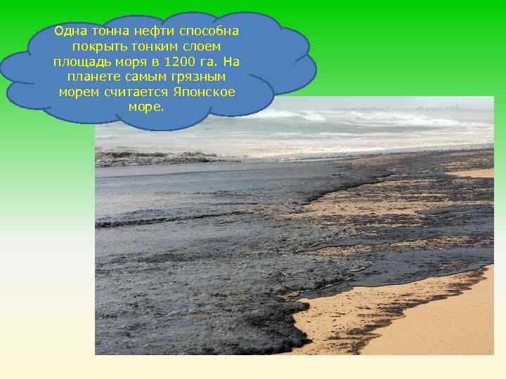 Одна тонна нефти способна покрыть тонким слоем площадь моря в 1200 га. На планете