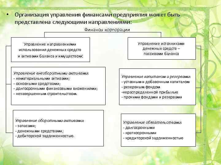  • Организация управления финансами предприятия может быть представлена следующими направлениями: Финансы корпорации Управление