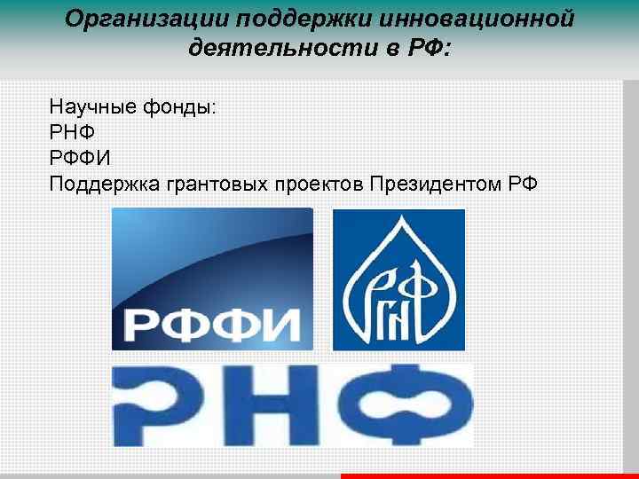 Организации поддержки инновационной деятельности в РФ: Научные фонды: РНФ РФФИ Поддержка грантовых проектов Президентом