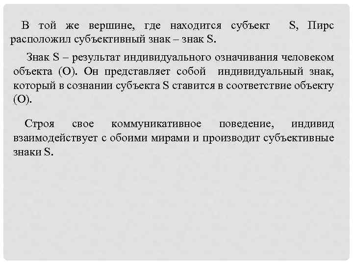 В той же вершине, где находится субъект S, Пирс расположил субъективный знак – знак