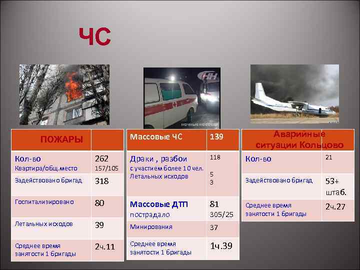 ЧС Массовые ЧС ПОЖАРЫ 139 Драки , разбои 118 Кол-во 262 Задействовано бригад 318