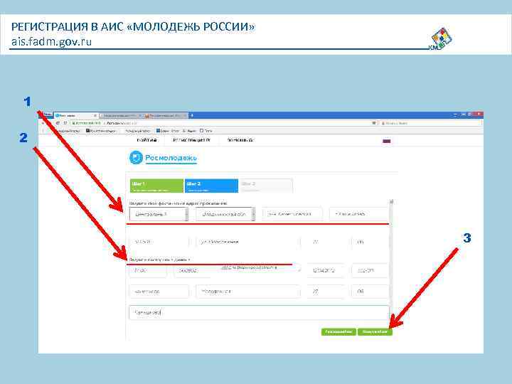 РЕГИСТРАЦИЯ В АИС «МОЛОДЕЖЬ РОССИИ» ais. fadm. gov. ru 1 2 3 