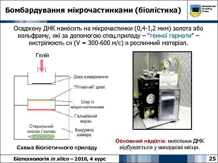 Бомбардування мікрочастинками (біолістика) Осаджену ДНК наносять на мікрочастинки (0, 4 -1, 2 мкм) золота