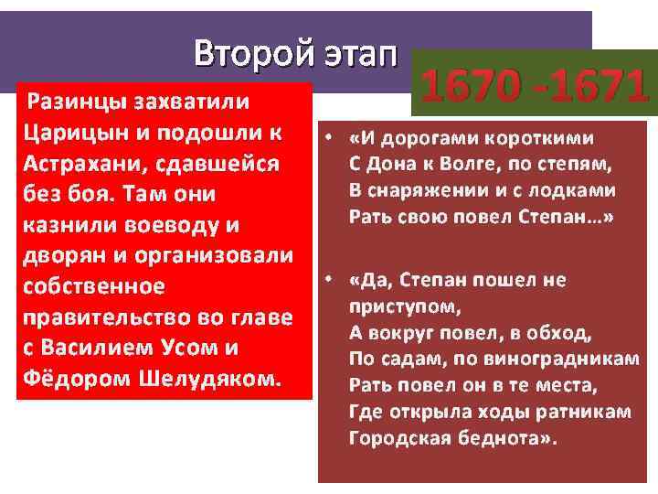 Второй этап Разинцы захватили 1670 -1671 Царицын и подошли к • «И дорогами короткими