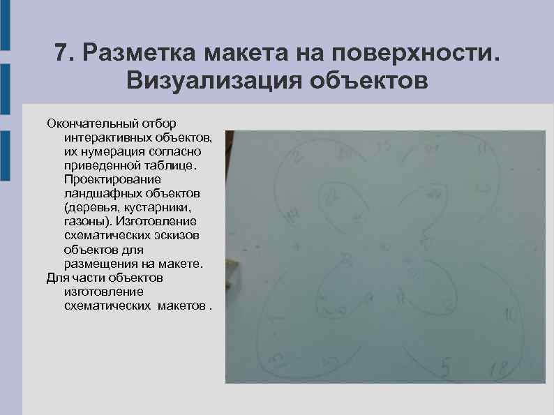 7. Разметка макета на поверхности. Визуализация объектов Окончательный отбор интерактивных объектов, их нумерация согласно