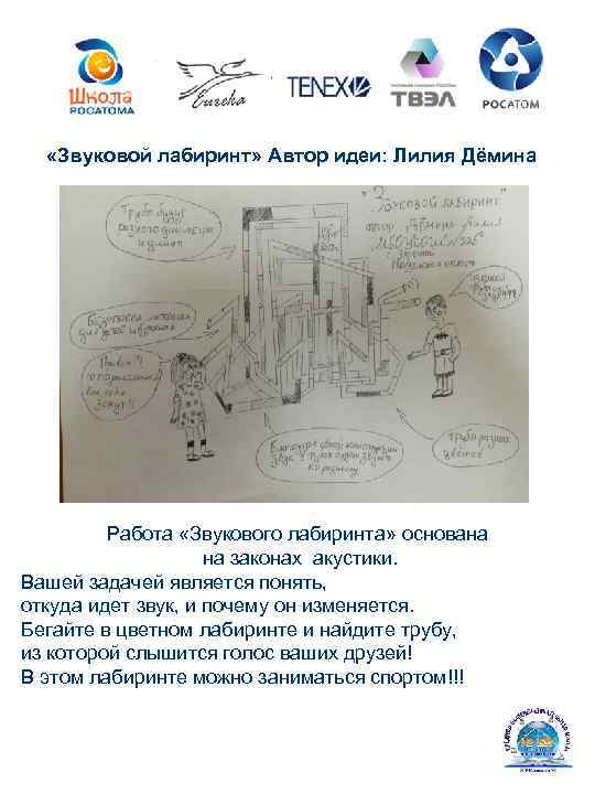  «Звуковой лабиринт» Автор идеи: Лилия Дёмина Работа «Звукового лабиринта» основана на законах акустики.