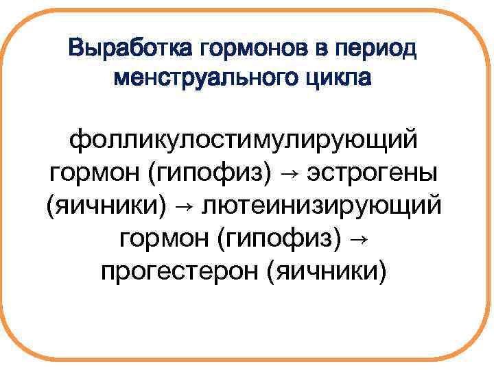 Выработка гормонов в период менструального цикла фолликулостимулирующий гормон (гипофиз) → эстрогены (яичники) → лютеинизирующий