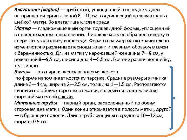 Влагалище (vagina) — трубчатый, уплощенный в переднезаднем на правлении орган длиной 8— 10 см,