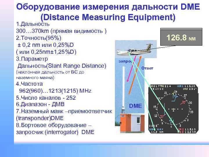 Оборудование измерения дальности DME (Distance Measuring Equipment) 1. Дальность 300… 370 km (прямая видимость