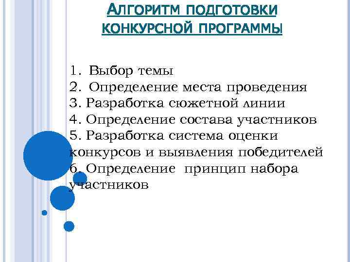 АЛГОРИТМ ПОДГОТОВКИ КОНКУРСНОЙ ПРОГРАММЫ 1. Выбор темы 2. Определение места проведения 3. Разработка сюжетной