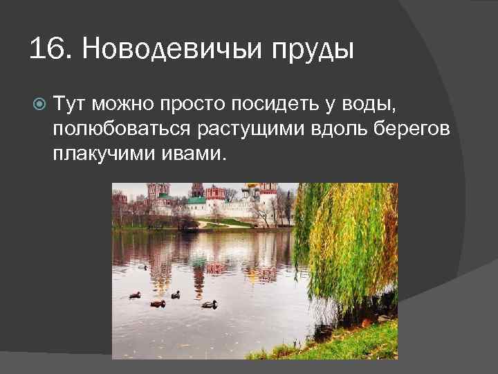 16. Новодевичьи пруды Тут можно просто посидеть у воды, полюбоваться растущими вдоль берегов плакучими