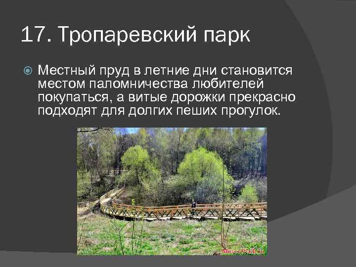 17. Тропаревский парк Местный пруд в летние дни становится местом паломничества любителей покупаться, а