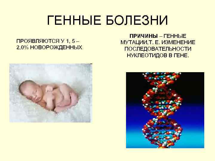 ГЕННЫЕ БОЛЕЗНИ ПРОЯВЛЯЮТСЯ У 1, 5 – 2, 0% НОВОРОЖДЕННЫХ ПРИЧИНЫ – ГЕННЫЕ МУТАЦИИ,