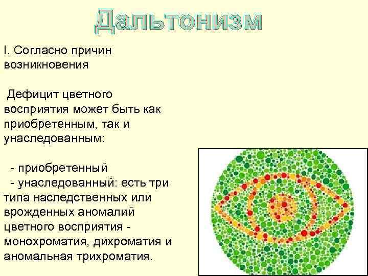Дальтонизм I. Согласно причин возникновения Дефицит цветного восприятия может быть как приобретенным, так и