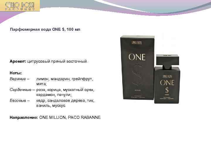 Парфюмерная вода ONE $, 100 мл Аромат: цитрусовый пряный восточный. Ноты: Верхние – лимон,