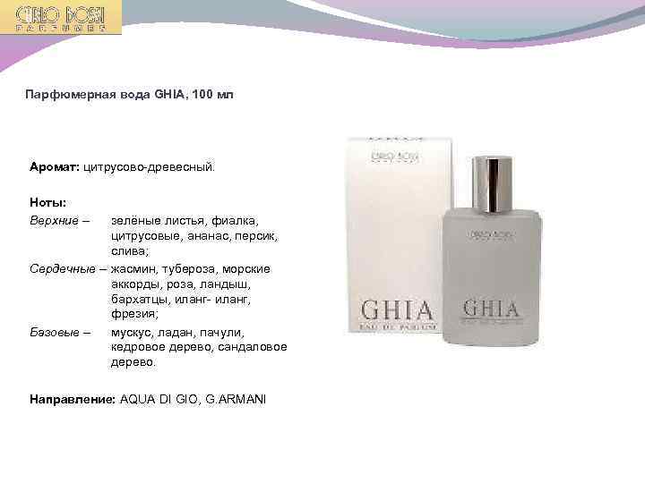Парфюмерная вода GHIA, 100 мл Аромат: цитрусово-древесный. Ноты: Верхние – зелёные листья, фиалка, цитрусовые,