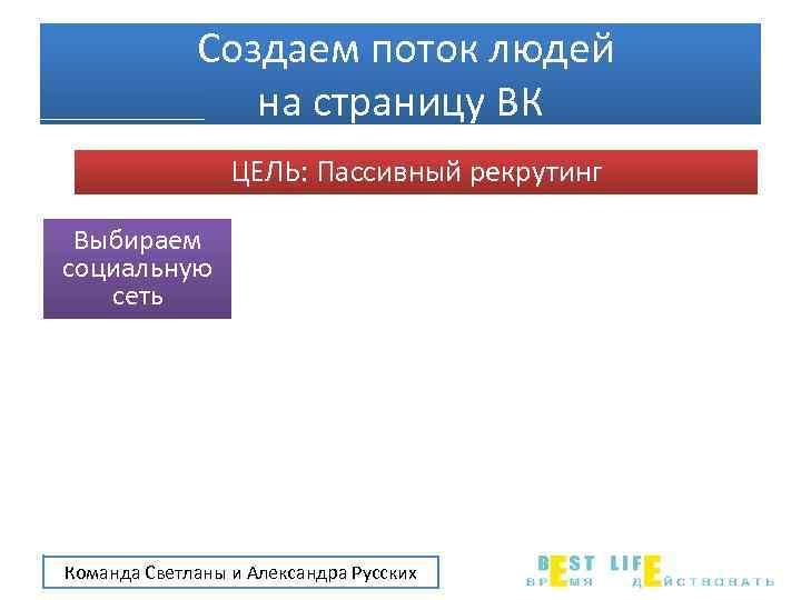 Создаем поток людей на страницу ВК ЦЕЛЬ: Пассивный рекрутинг Выбираем социальную сеть Команда Светланы