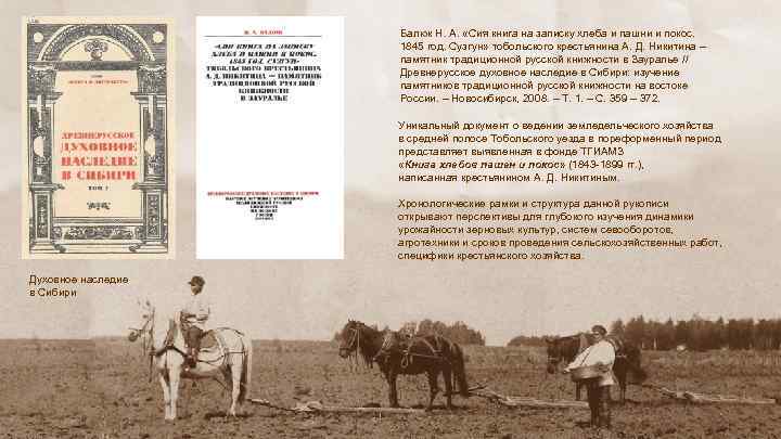 Балюк Н. А. «Сия книга на записку хлеба и пашни и покос. 1845 год.