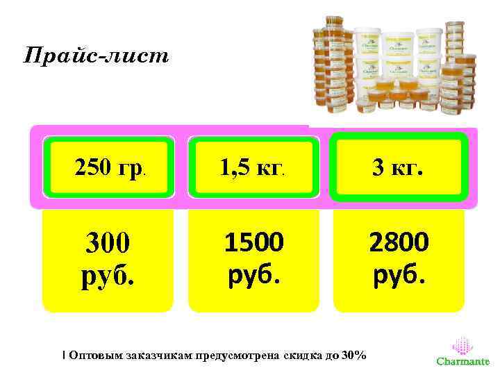 Прайс-лист 250 гр. 1, 5 кг. 300 руб. 1500 руб. 2800 руб. ! Оптовым