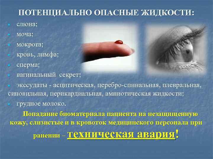 ПОТЕНЦИАЛЬНО ОПАСНЫЕ ЖИДКОСТИ: слюна; § моча; § мокрота; § кровь, лимфа; § сперма; §