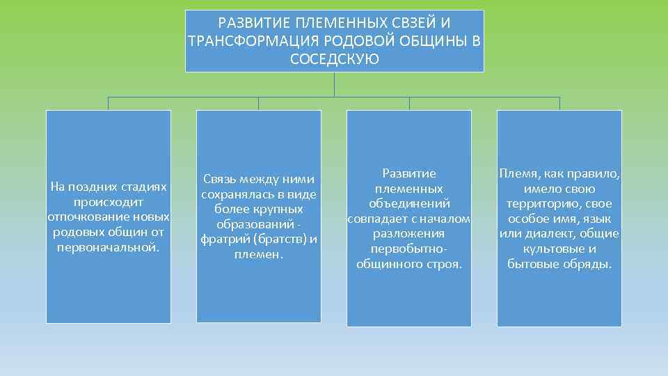 РАЗВИТИЕ ПЛЕМЕННЫХ СВЗЕЙ И ТРАНСФОРМАЦИЯ РОДОВОЙ ОБЩИНЫ В СОСЕДСКУЮ На поздних стадиях происходит отпочкование