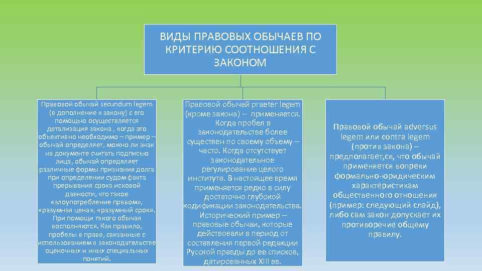 ВИДЫ ПРАВОВЫХ ОБЫЧАЕВ ПО КРИТЕРИЮ СООТНОШЕНИЯ С ЗАКОНОМ Правовой обычай secundum legem (в дополнение