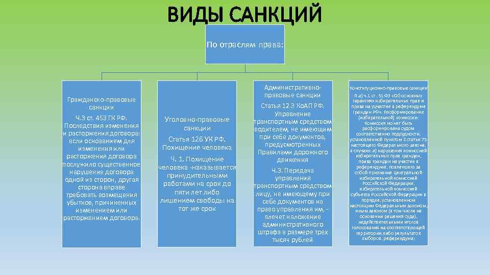 ВИДЫ САНКЦИЙ По отраслям права: Административноправовые санкции Гражданско-правовые санкции Ч. 3 ст. 453 ГК