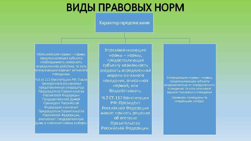 ВИДЫ ПРАВОВЫХ НОРМ Характер предписания Обязывающие нормы – нормы, предписывающие субъекту необходимость совершить определенное