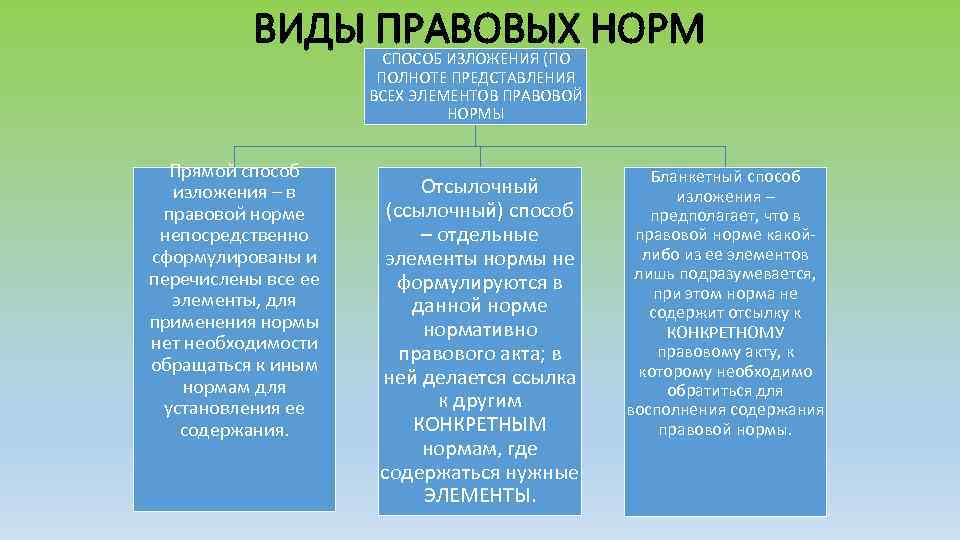 ВИДЫ ПРАВОВЫХ НОРМ СПОСОБ ИЗЛОЖЕНИЯ (ПО ПОЛНОТЕ ПРЕДСТАВЛЕНИЯ ВСЕХ ЭЛЕМЕНТОВ ПРАВОВОЙ НОРМЫ Прямой способ