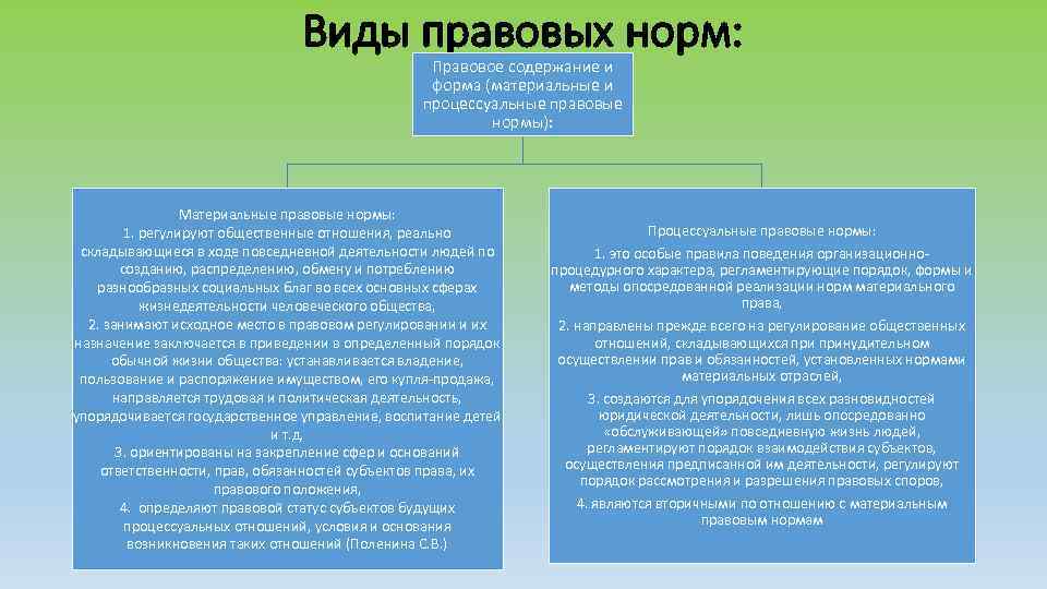 Виды правовых норм: Правовое содержание и форма (материальные и процессуальные правовые нормы): Материальные правовые