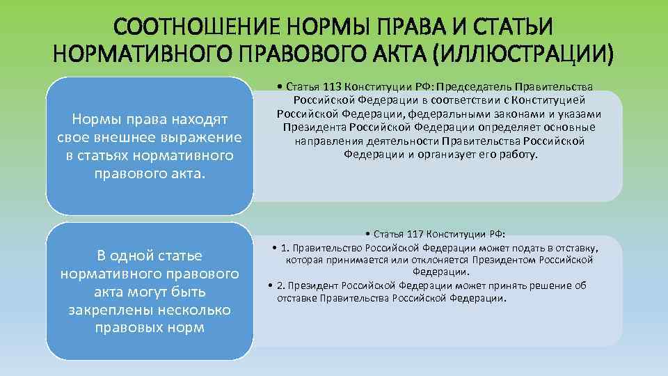 СООТНОШЕНИЕ НОРМЫ ПРАВА И СТАТЬИ НОРМАТИВНОГО ПРАВОВОГО АКТА (ИЛЛЮСТРАЦИИ) Нормы права находят свое внешнее