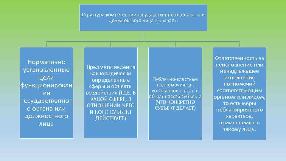 Структура компетенции государственного органа или должностного лица включает: Нормативно установленные цели функционирован ия государственног