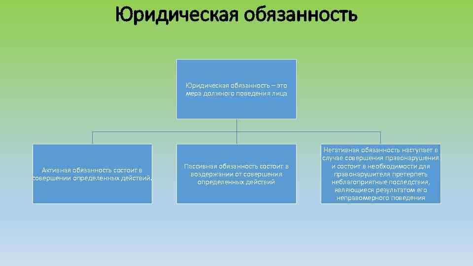 Юридическая обязанность – это мера должного поведения лица Активная обязанность состоит в совершении определенных