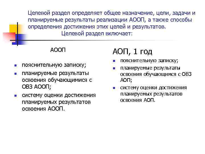 Целевой раздел определяет общее назначение, цели, задачи и планируемые результаты реализации АООП, а также