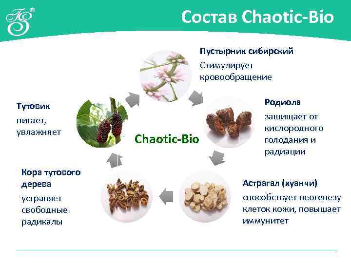 Состав Chaotic-Bio Пустырник сибирский Стимулирует кровообращение Тутовик питает, увлажняет Кора тутового дерева устраняет свободные