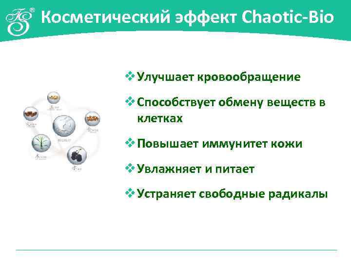 Косметический эффект Chaotic-Bio v Улучшает кровообращение v Способствует обмену веществ в клетках v Повышает