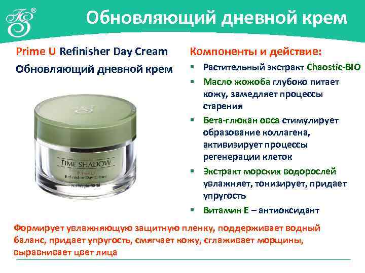 Обновляющий дневной крем Prime U Refinisher Day Cream Обновляющий дневной крем Компоненты и действие: