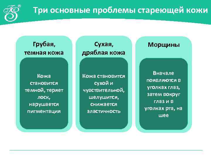 Три основные проблемы стареющей кожи Грубая, темная кожа Сухая, дряблая кожа Морщины Кожа становится