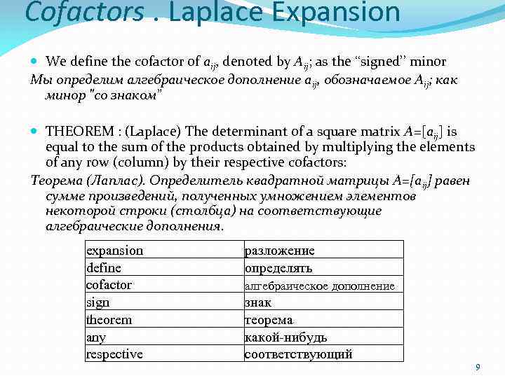 Cofactors. Laplace Expansion We define the cofactor of aij, denoted by Aij; as the