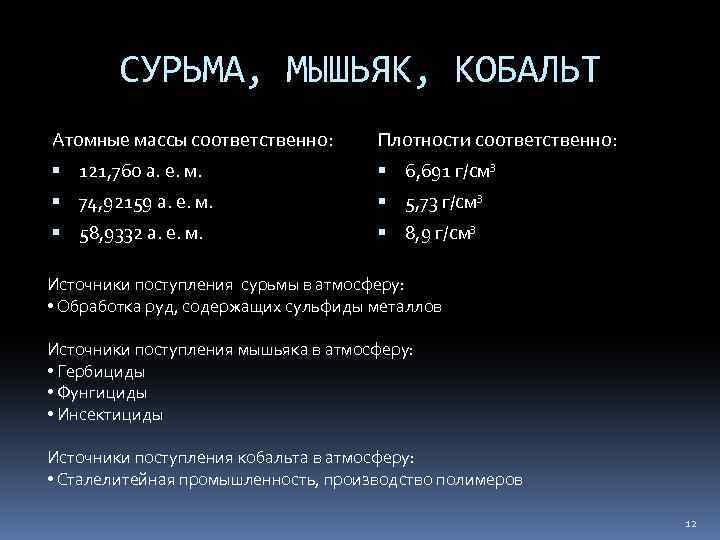 СУРЬМА, МЫШЬЯК, КОБАЛЬТ Атомные массы соответственно: Плотности соответственно: 121, 760 а. е. м. 6,