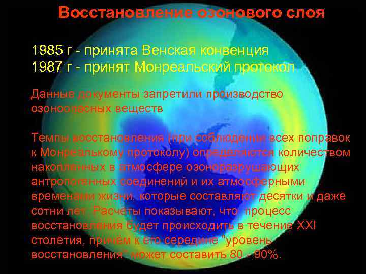 Восстановление озонового слоя 1985 г - принята Венская конвенция 1987 г - принят Монреальский