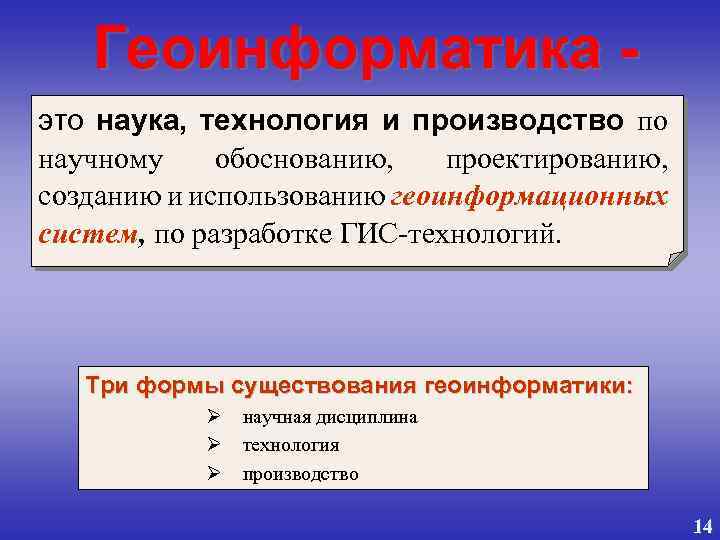 Геоинформатика это наука, технология и производство по научному обоснованию, проектированию, созданию и использованию геоинформационных