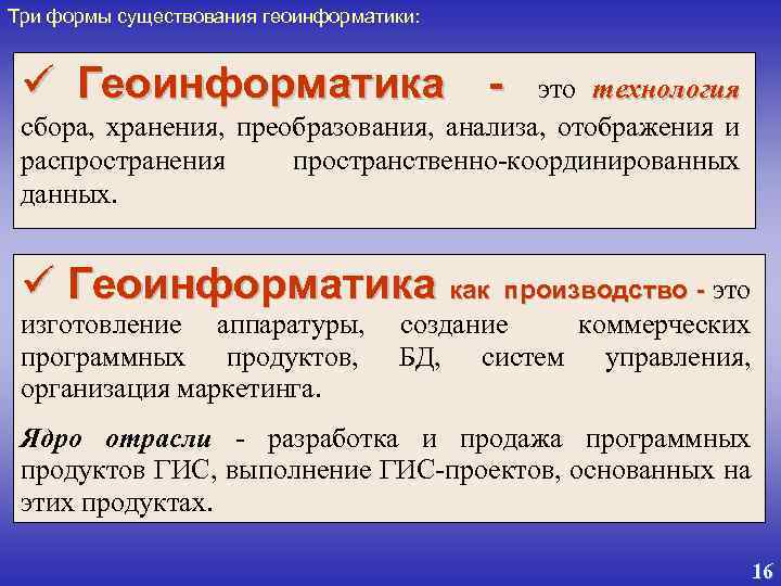 Три формы существования геоинформатики: ü Геоинформатика - это технология сбора, хранения, преобразования, анализа, отображения