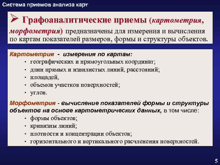 Система приемов анализа карт Ø Графоаналитические приемы (картометрия, морфометрия) предназначены для измерения и вычисления